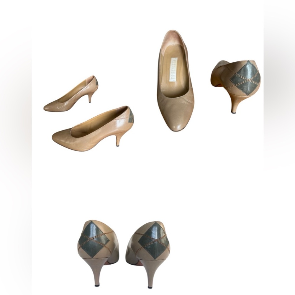 VTG Perry Ellis Portfolio Leather Heels Taupe Green Diamond 80s Italy 9B Career